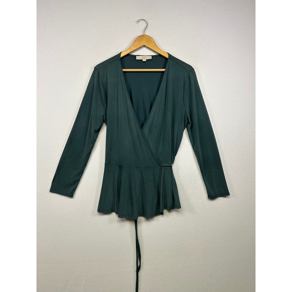 Business Casual LOFT Womens Medium Teal Green Wrap Peplum Long Sleeve Tie Top